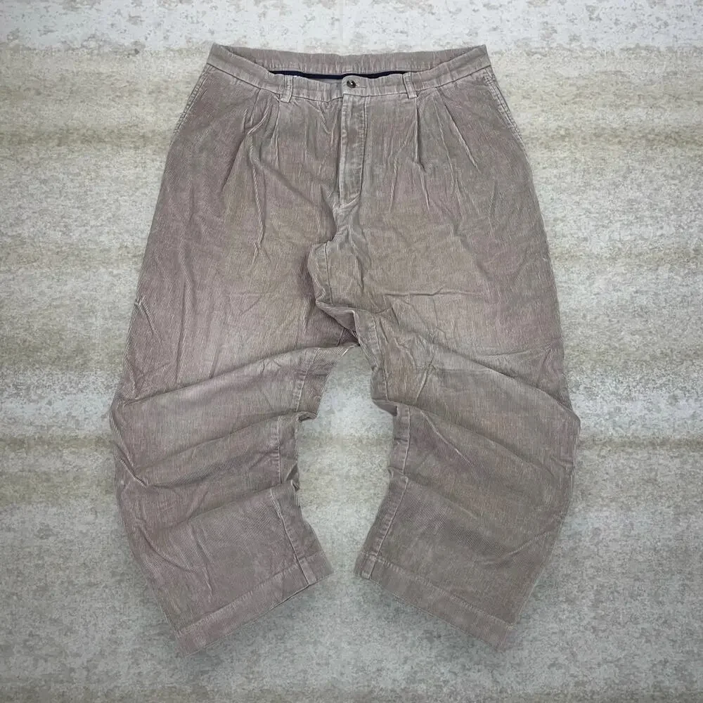 Vintage Y2K Corduroy Pants 38x30 Baggy Wide Leg Fit Tan Pleated Front